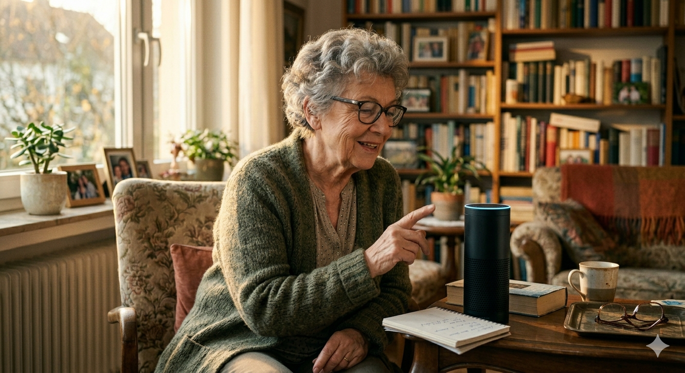 Seniorin nutzt Alexa im Wohnzimmer