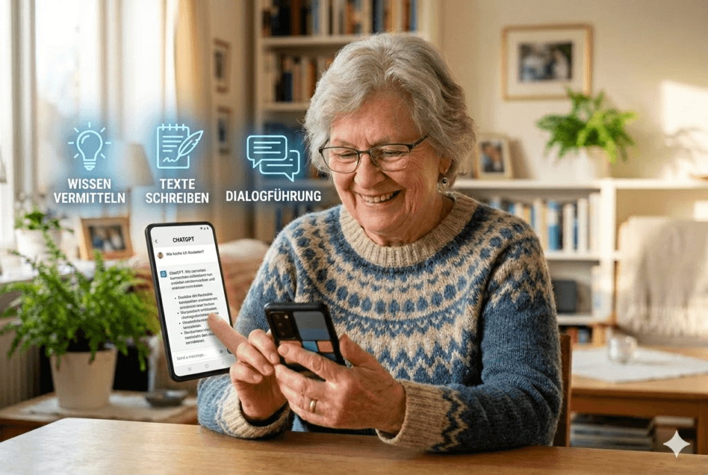 Eine ältere Dame sitzt lächelnd am Tisch und nutzt ChatGPT auf ihrem Smartphone, während über ihr Symbole für Wissen, Texte schreiben und Dialogführung erscheinen.