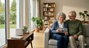 WLAN-Router im Wohnzimmer während Senioren ein Tablet mit Internetverbindung nutzen