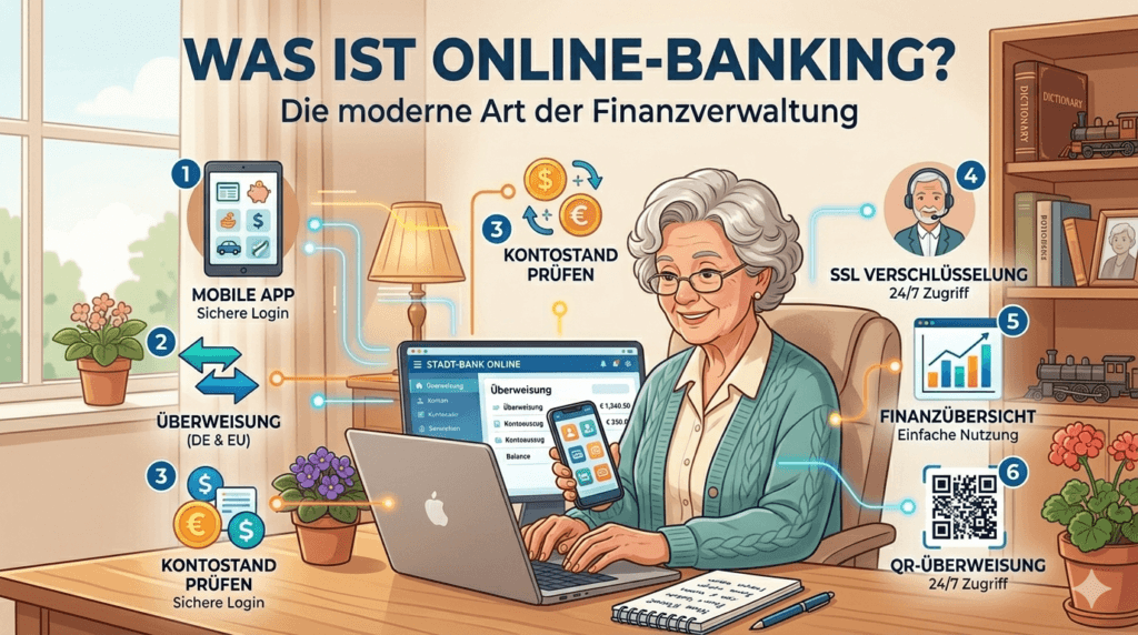 Eine illustrierte Übersichtsgrafik, die verschiedene Funktionen und Vorteile von Online-Banking zeigt, wie Kontoverwaltung, Überweisungen und Sicherheit, umgeben von digitalen Symbolen und einer Nutzerin am Laptop.