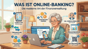 Eine illustrierte Übersichtsgrafik, die verschiedene Funktionen und Vorteile von Online-Banking zeigt, wie Kontoverwaltung, Überweisungen und Sicherheit, umgeben von digitalen Symbolen und einer Nutzerin am Laptop.