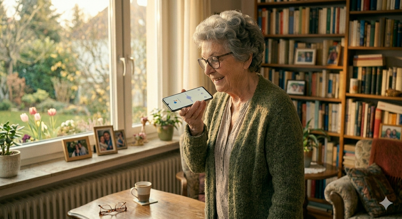 Senior spricht mit Google Assistant auf Smartphone – Digital ab 60