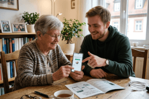 Eine ältere Frau mit Brille richtet lächelnd an einem Holztisch mit Unterstützung eines jungen Mannes WhatsApp auf ihrem Smartphone ein, vor ihnen liegt eine gedruckte Anleitung.