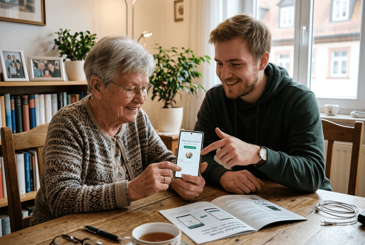 Ältere Person richtet WhatsApp auf dem Smartphone ein – Digital ab 60