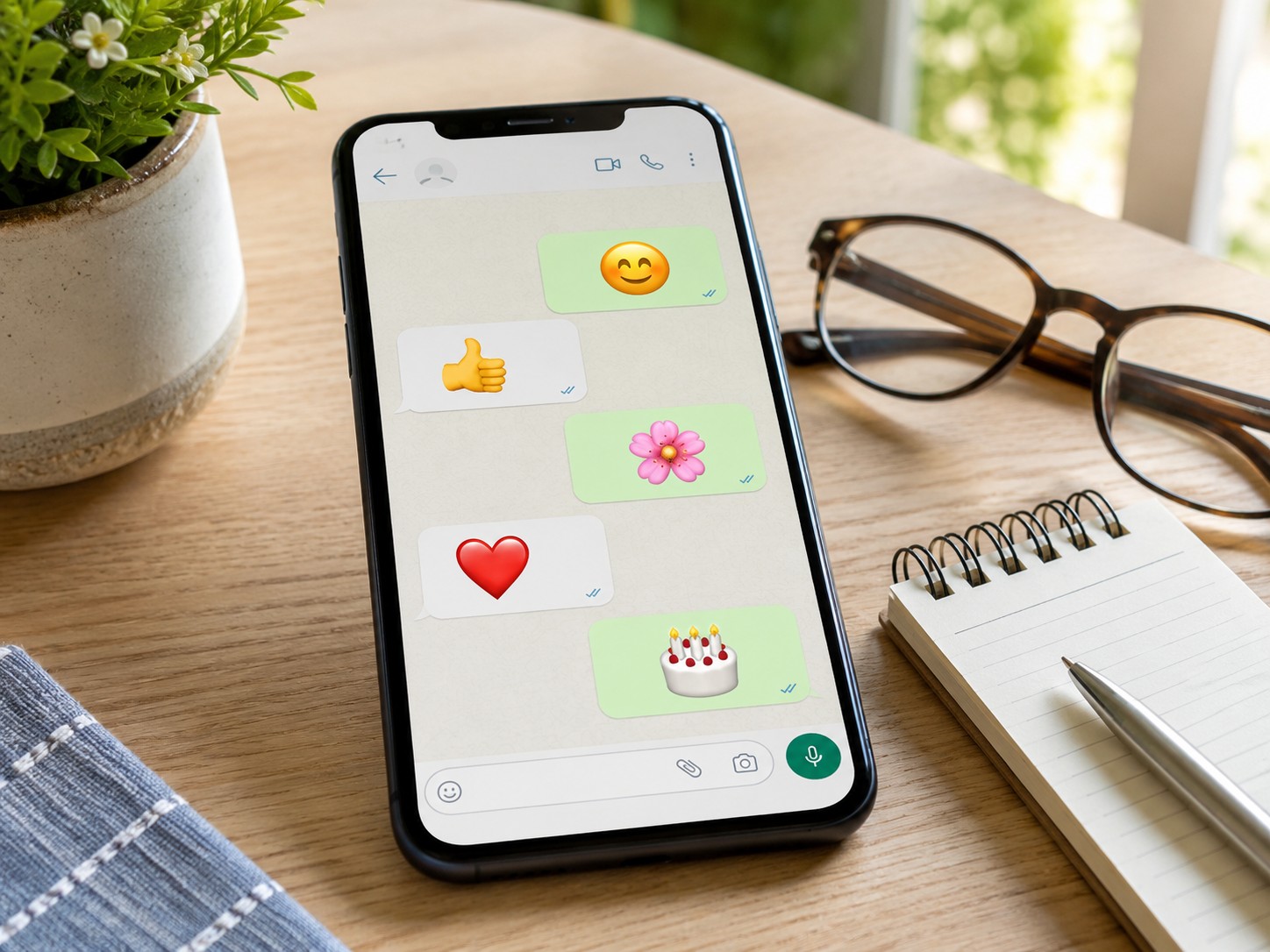 Smartphone mit WhatsApp Emojis auf einem hellen Tisch