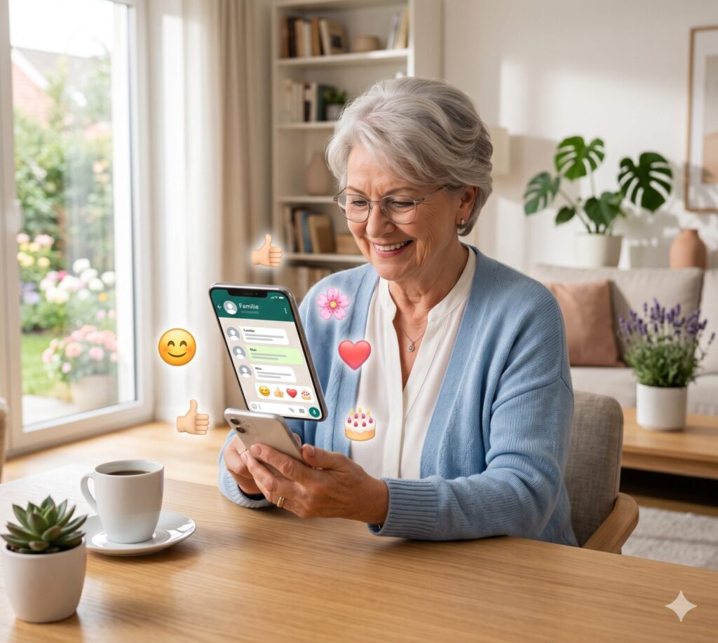 Ältere Person nutzt WhatsApp Emojis auf dem Smartphone