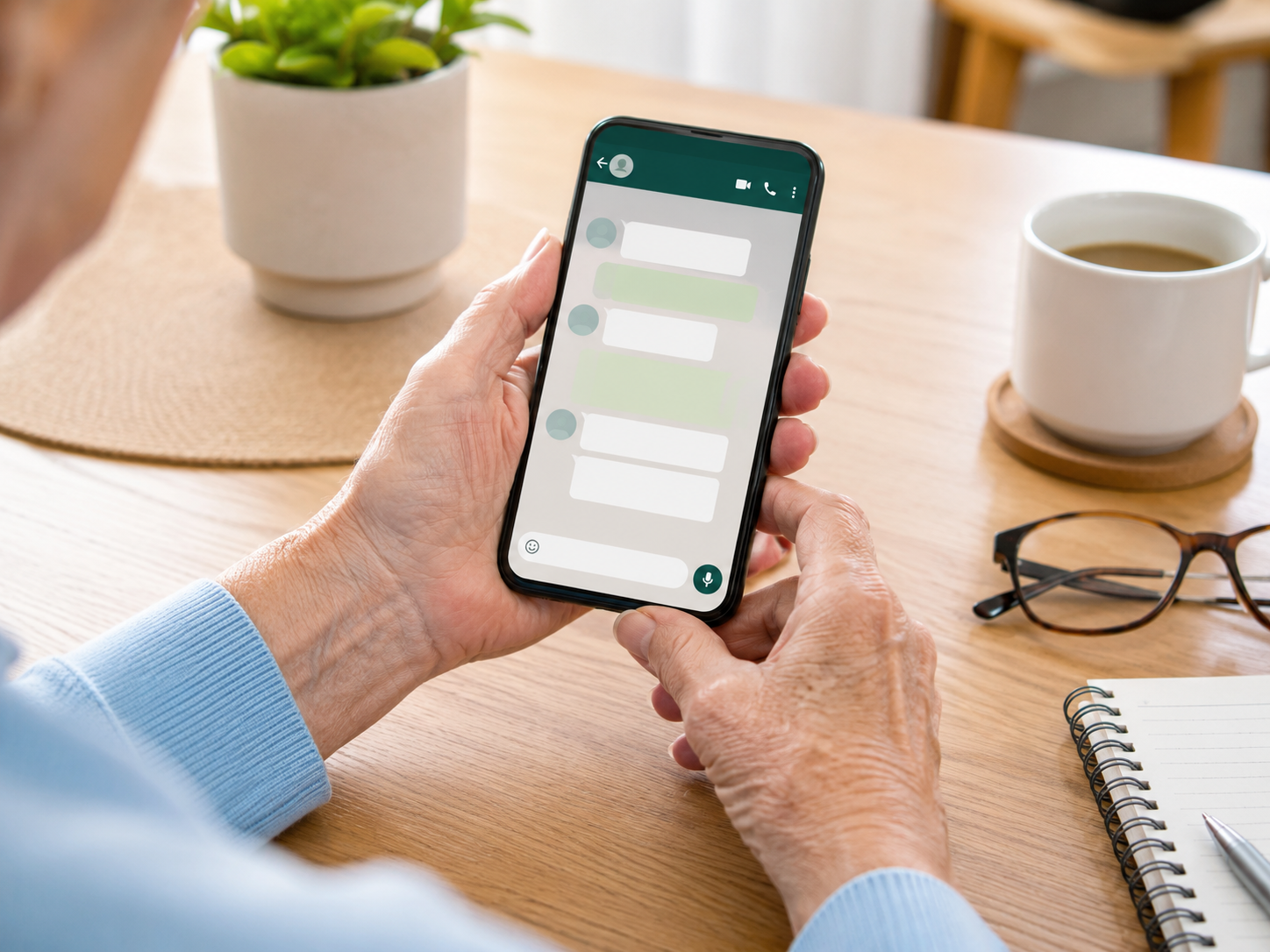 &Auml;ltere H&auml;nde nutzen einen Gruppenchat auf dem Smartphone.