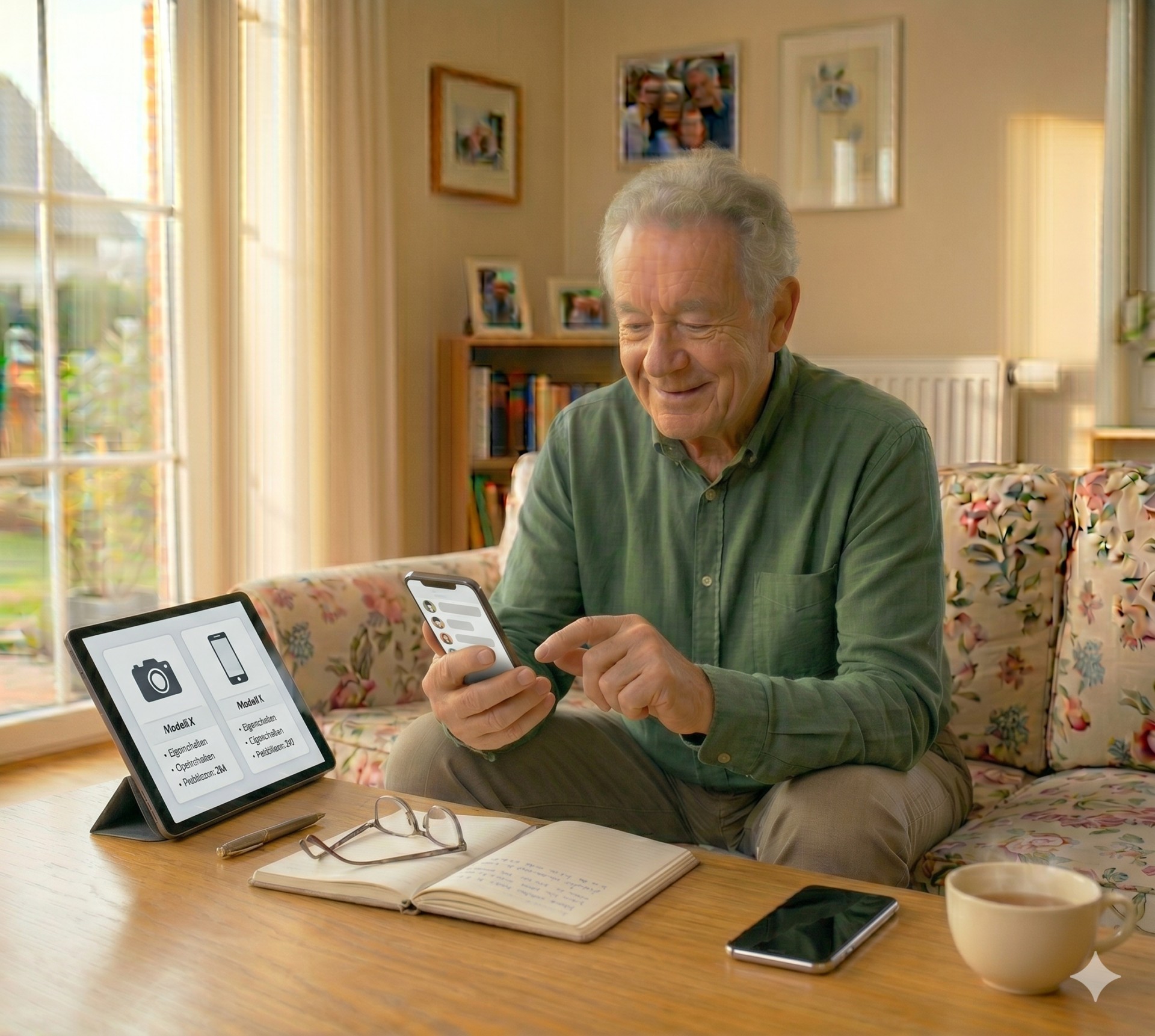 Senior nutzt eine WhatsApp-Gruppe auf dem Smartphone.