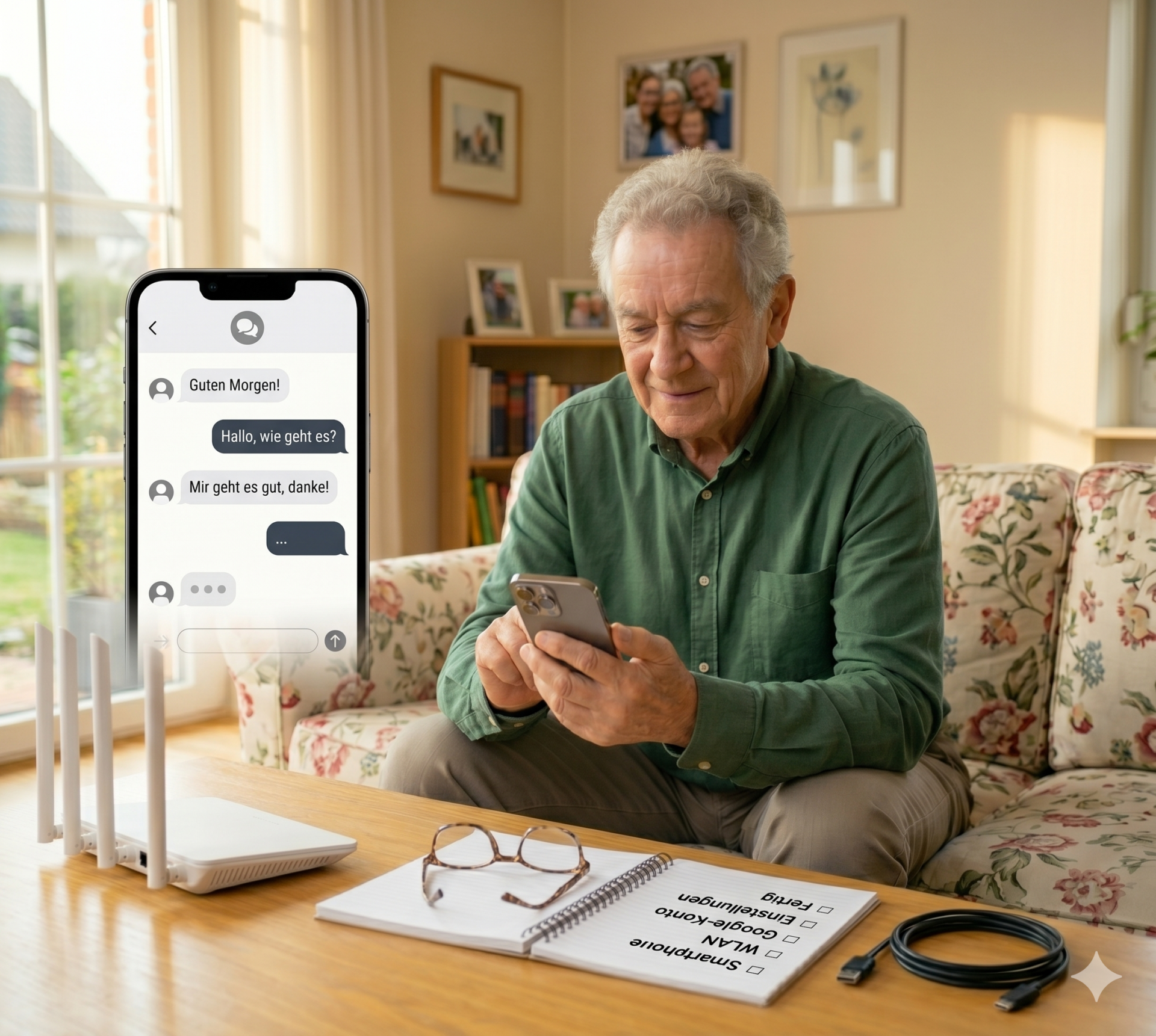 Senior schreibt eine WhatsApp-Nachricht auf dem Smartphone