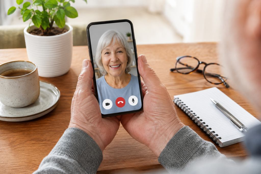 Ältere Hände starten einen Videoanruf auf dem Smartphone.