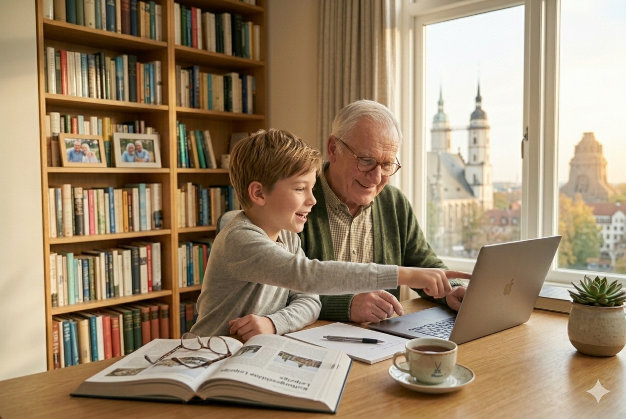Senior und Enkel recherchieren gemeinsam mit ChatGPT auf einem Laptop – Digital ab 60