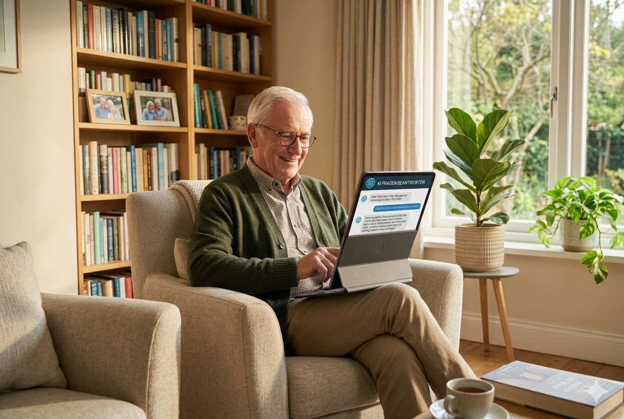 Senior und Enkel recherchieren gemeinsam mit ChatGPT auf einem Laptop – Digital ab 60