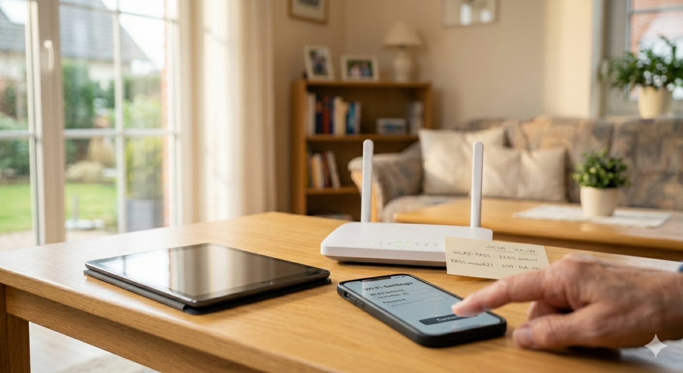 Router-Aufkleber mit WLAN-Passwort neben Smartphone – Digital ab 60