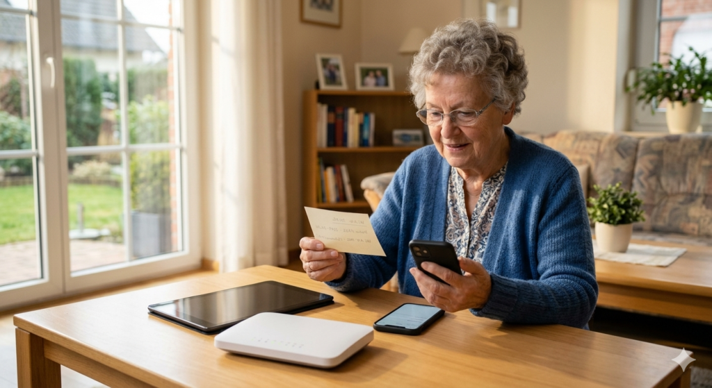 Senior gibt ein WLAN-Passwort am Smartphone ein, während ein Router auf dem Tisch steht