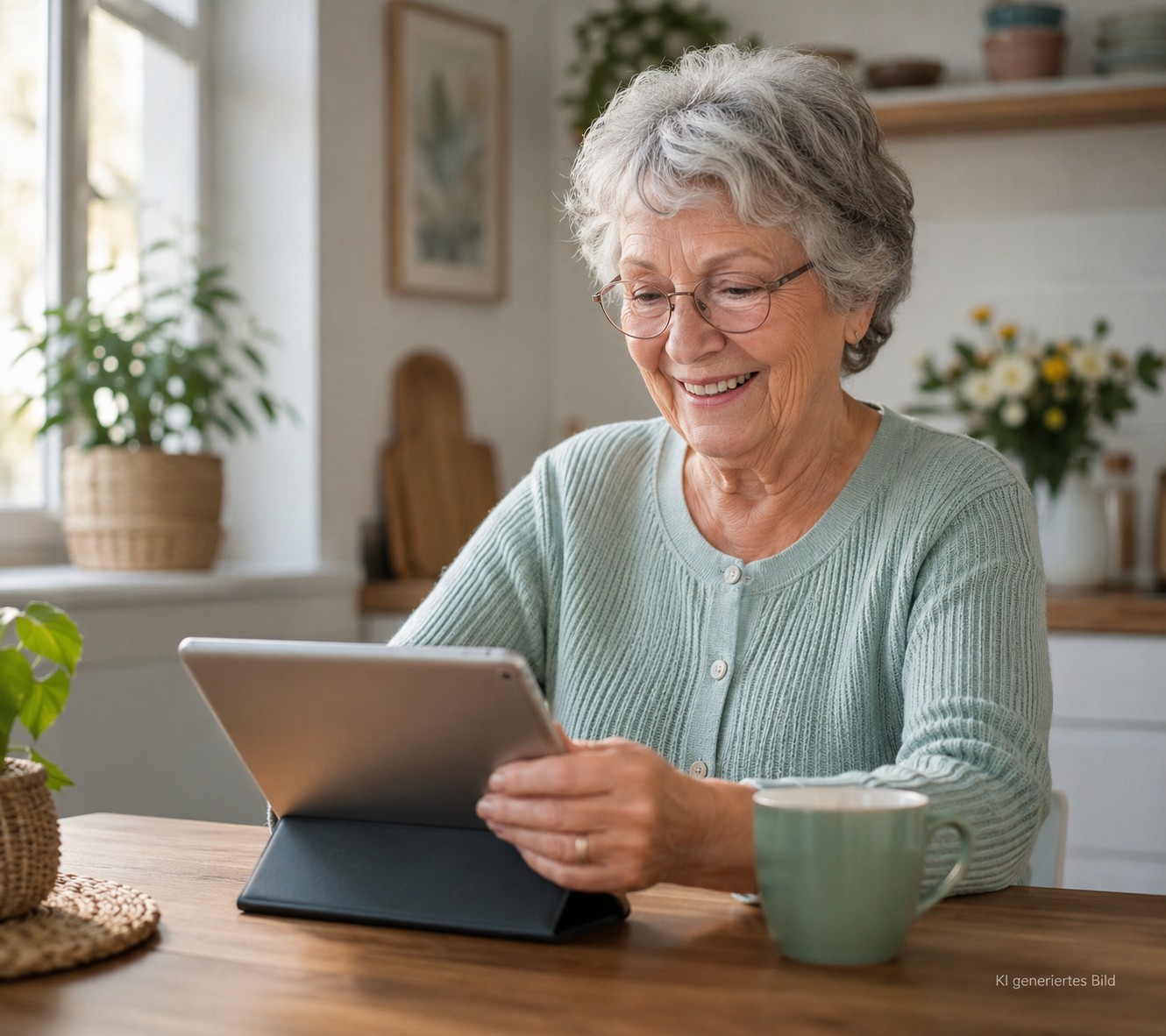 &Auml;ltere Frau sitzt entspannt mit einem Tablet am K&uuml;chentisch und l&auml;chelt beim Blick auf das Display
