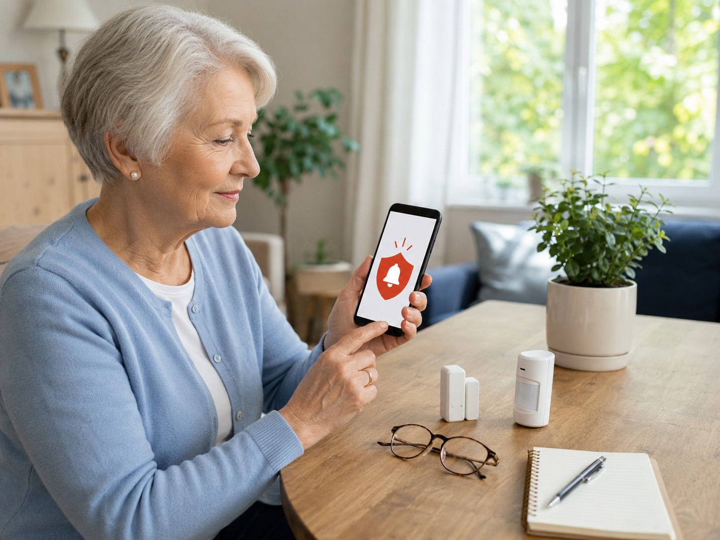 Senior prüft eine Smart-Home-Benachrichtigung auf dem Smartphone neben Türsensor und Bewegungsmelder