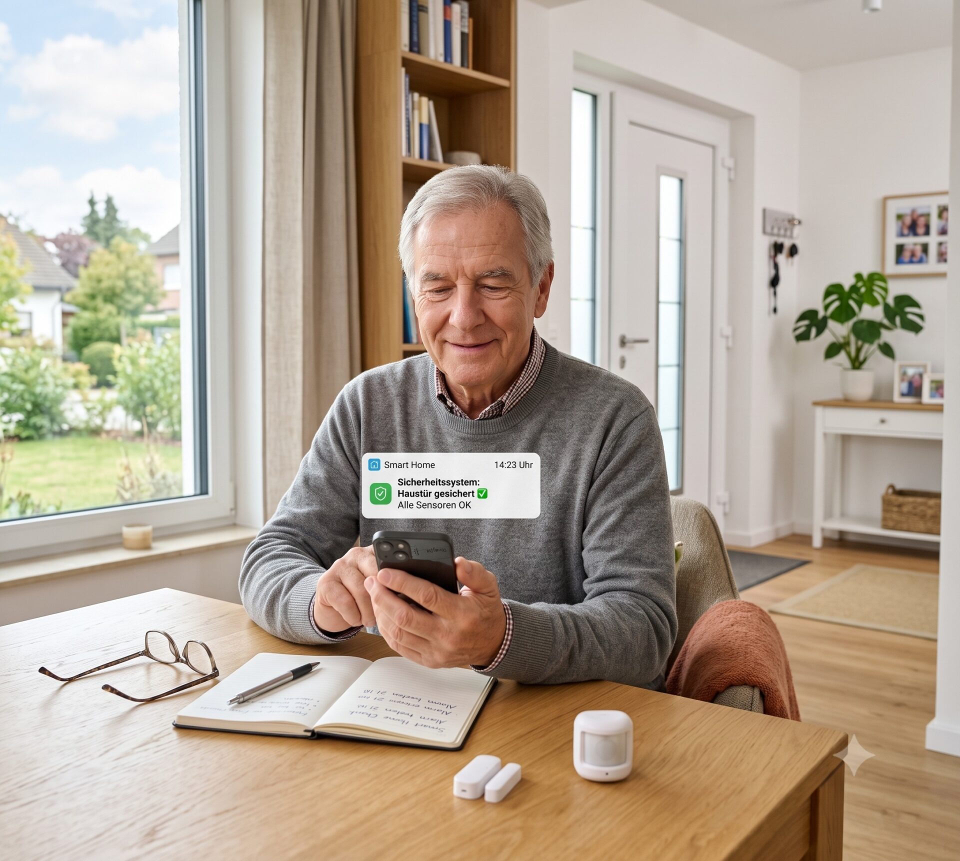 Ältere Person erhält eine Smart-Home-Benachrichtigung auf dem Smartphone, neben Türsensor und Bewegungsmelder