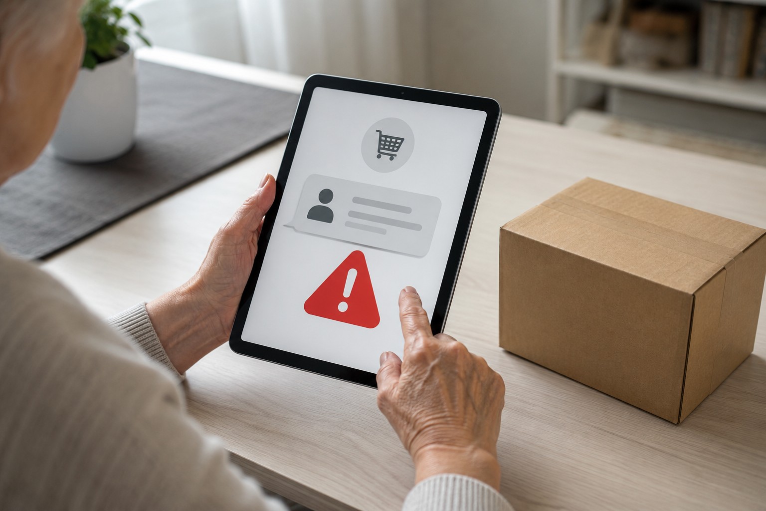 &Auml;ltere H&auml;nde pr&uuml;fen eine verd&auml;chtige Shopping-Nachricht