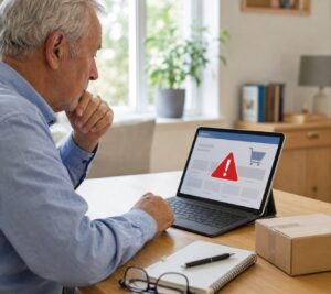 Senior prüft eine verdächtige Online-Shopping-Nachricht
