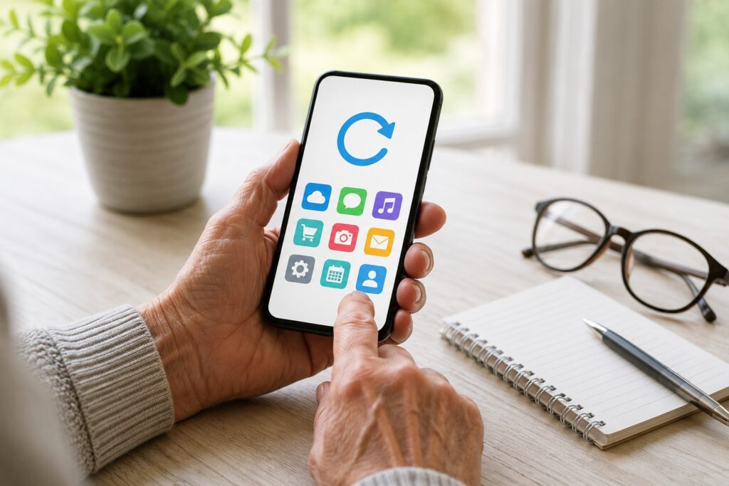 Ältere Hände aktualisieren Apps auf dem Smartphone