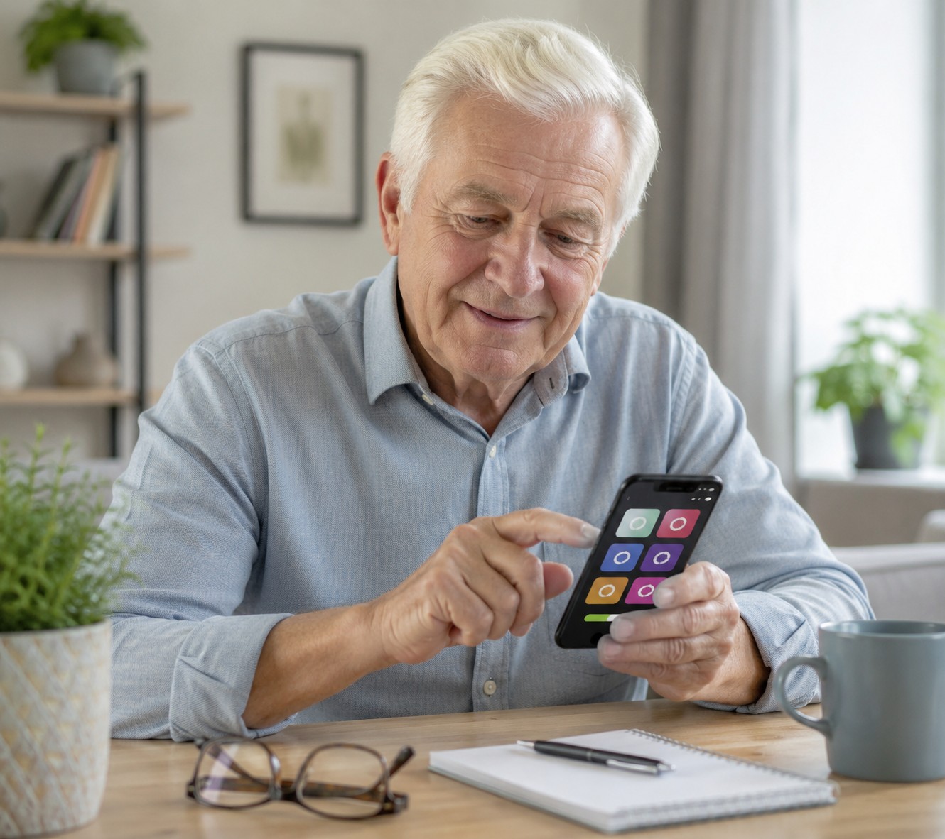 Senior prüft App-Updates auf dem Smartphone