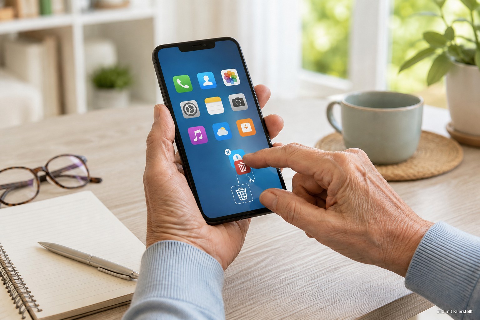 Ältere Hände entfernen Apps vom Smartphone