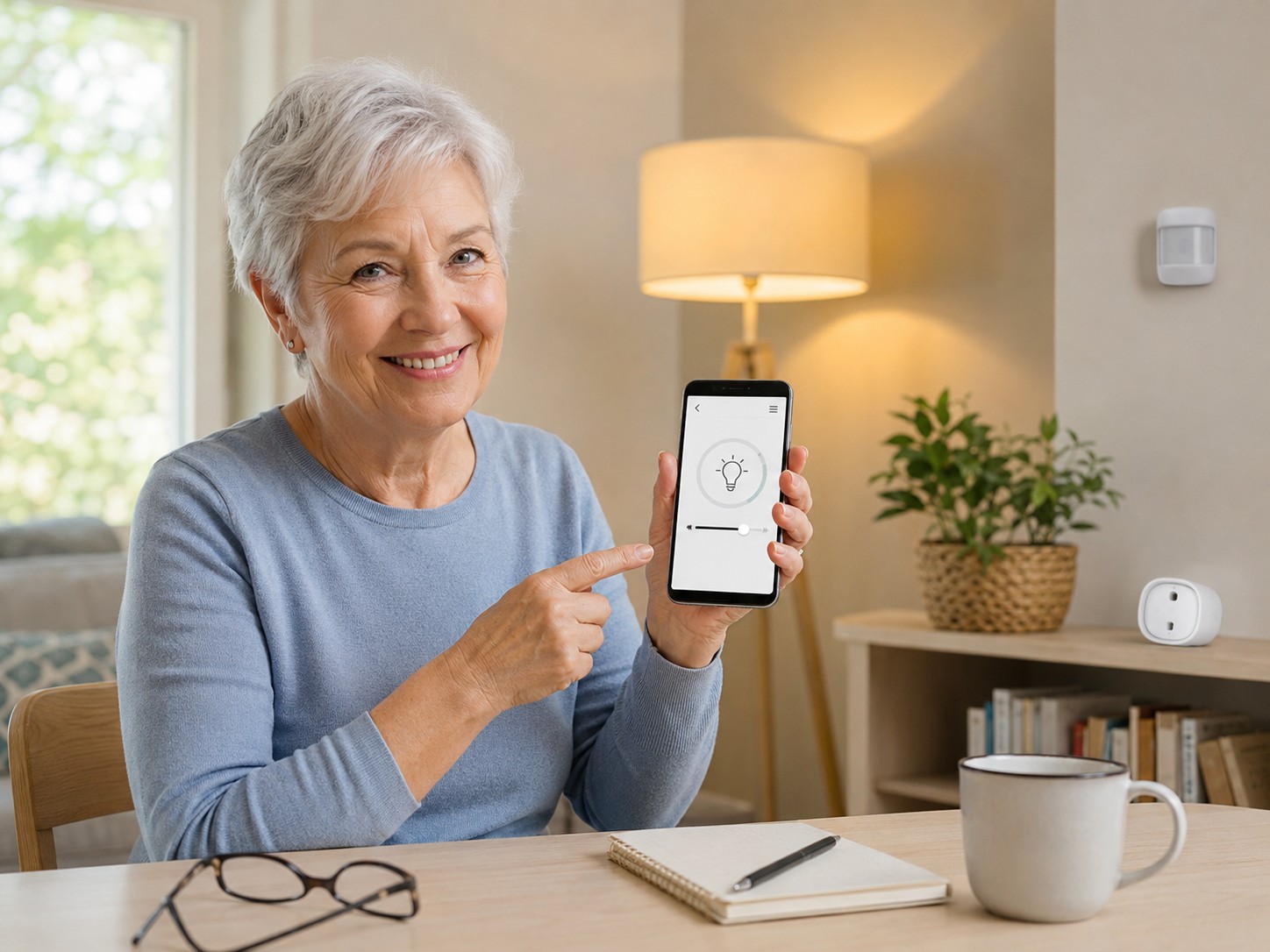 Senior steuert automatische Beleuchtung mit Smartphone, smarter Lampe und Bewegungsmelder