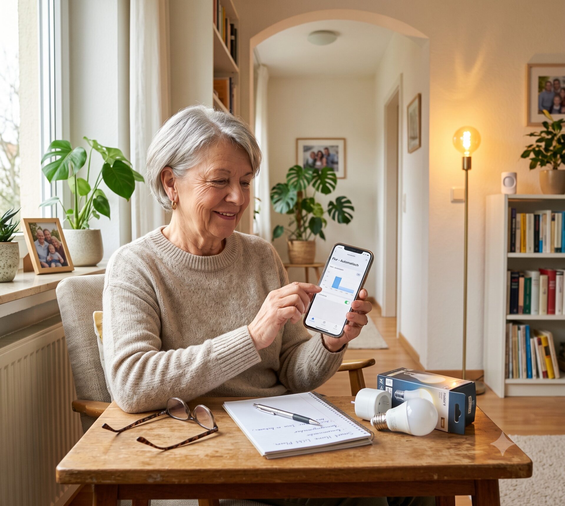 Ältere Person nutzt automatische Beleuchtung im Smart Home mit Smartphone und Bewegungsmelder