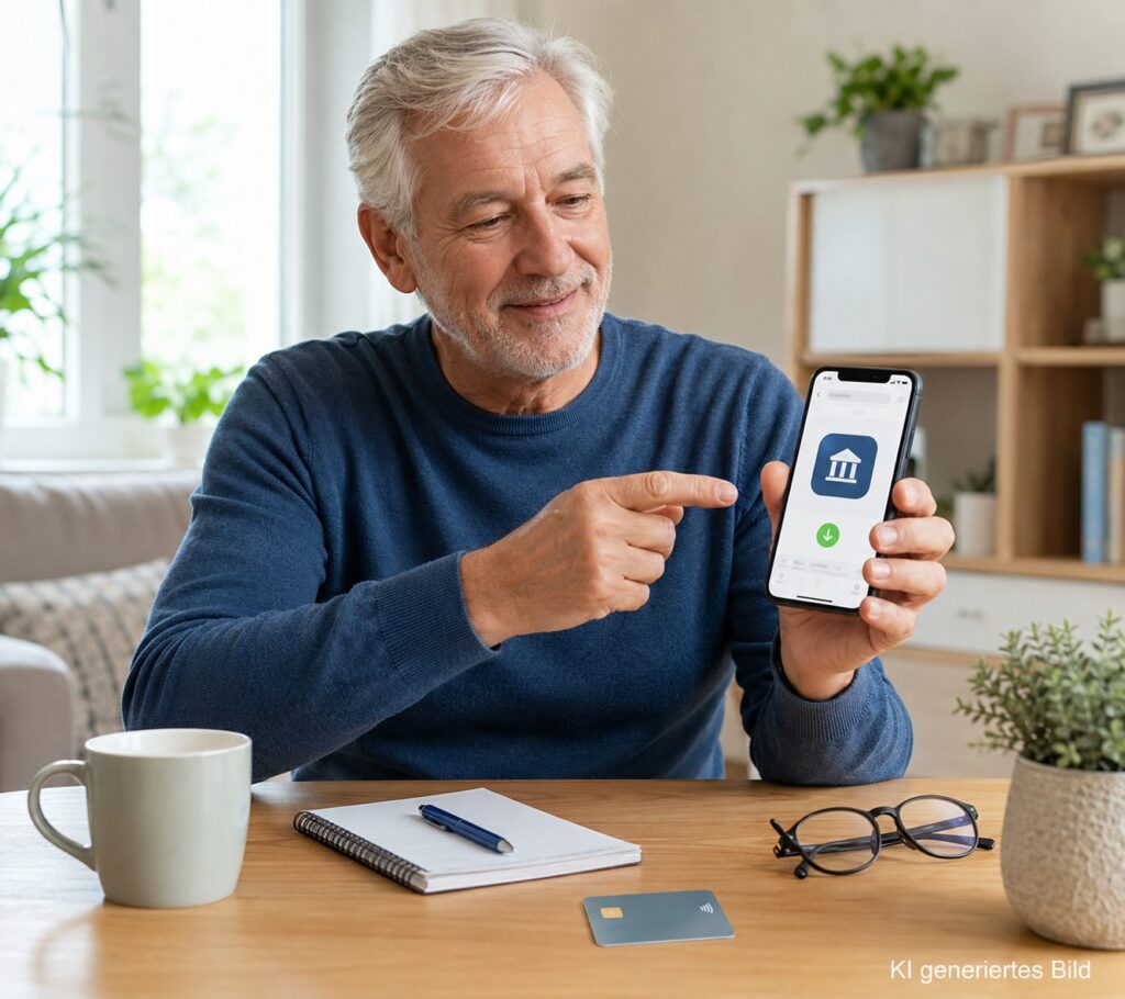 Senior installiert eine Banking-App auf dem Smartphone