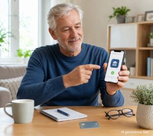 Senior installiert eine Banking-App auf dem Smartphone
