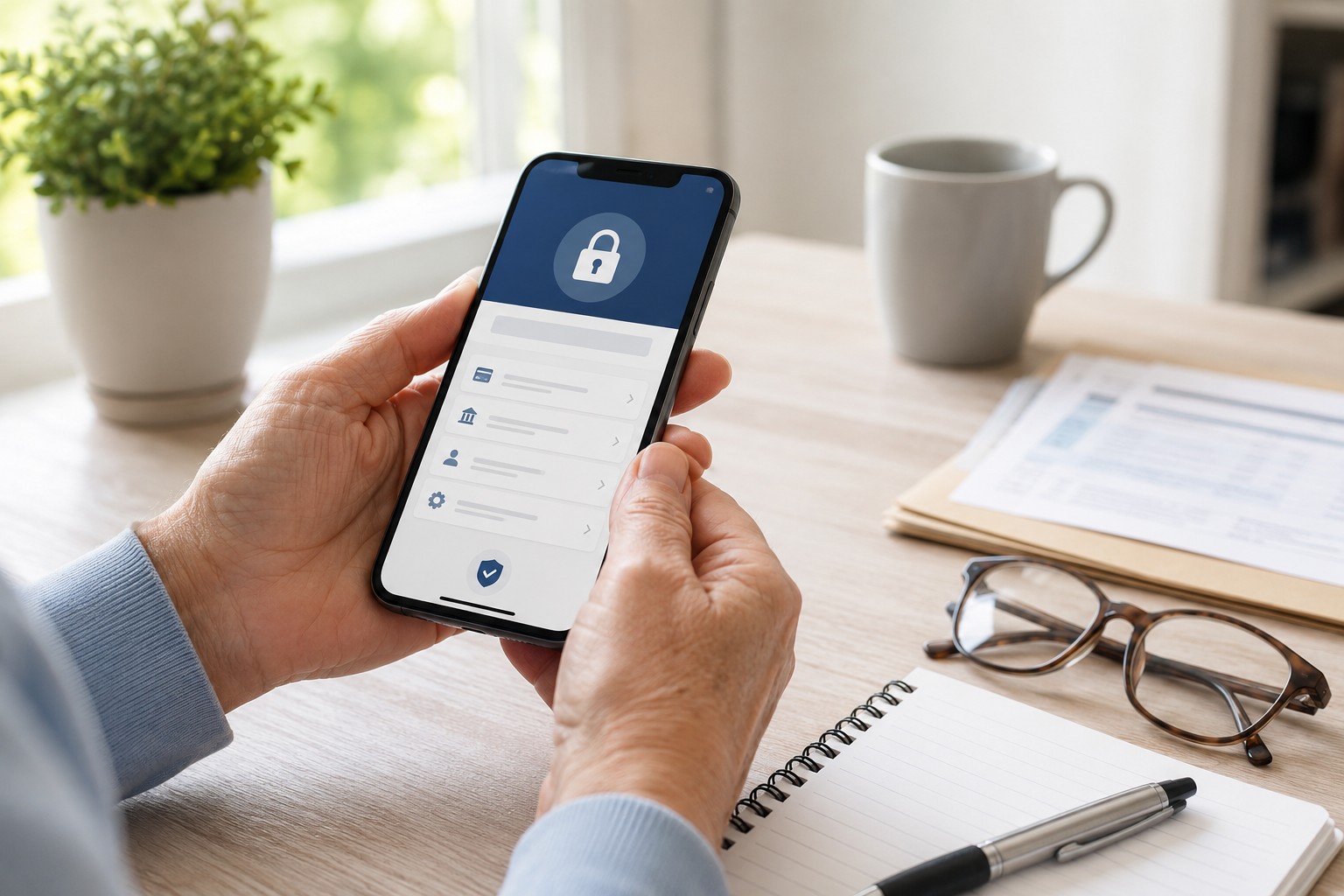 &Auml;ltere H&auml;nde sch&uuml;tzen eine Banking-App auf dem Smartphone