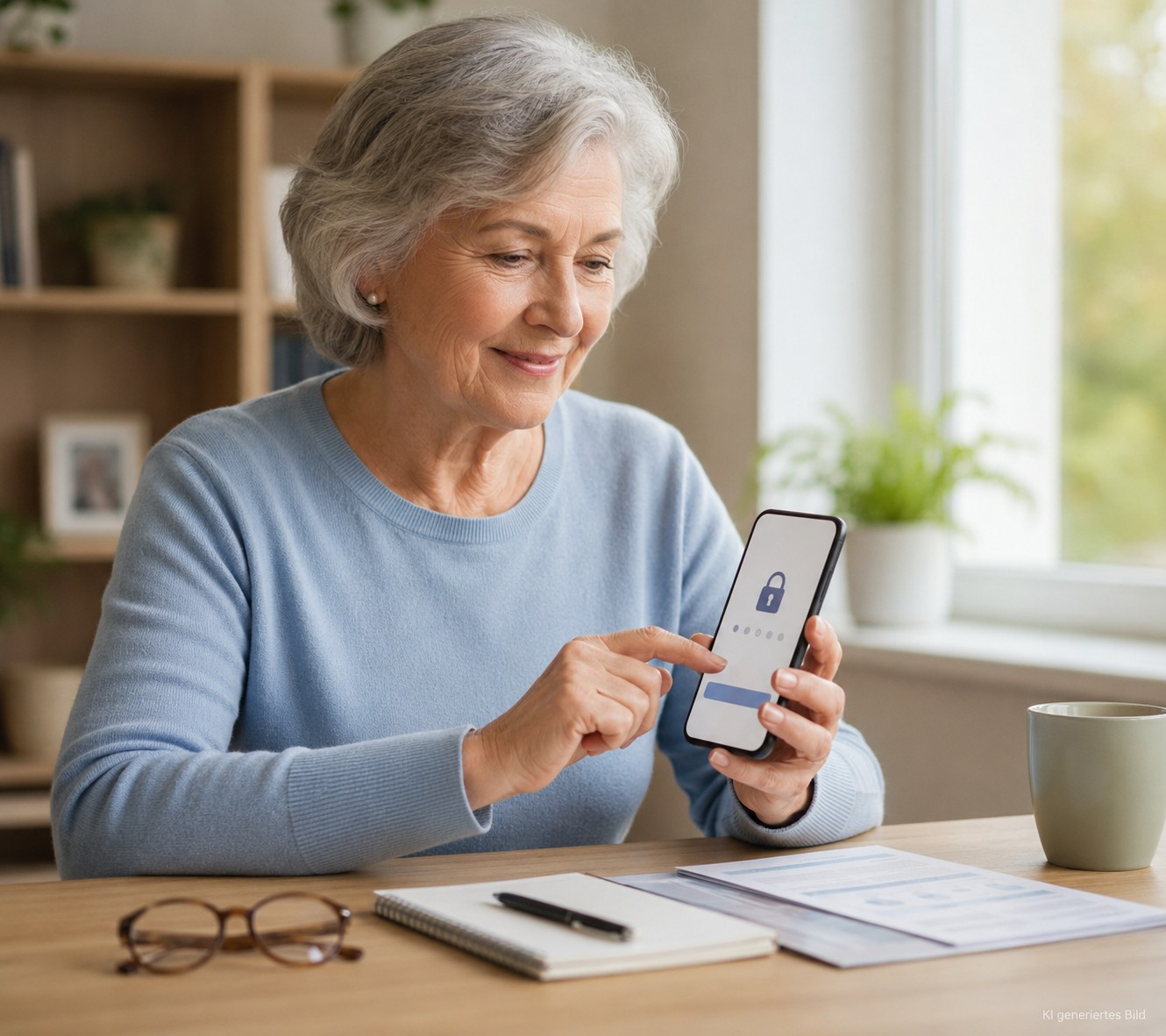 Senior richtet eine Banking-App sicher auf dem Smartphone ein