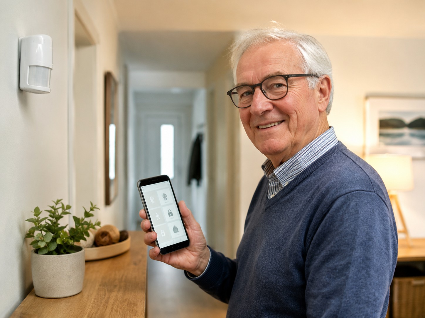 Senior nutzt Bewegungsmelder und Smartphone für automatische Beleuchtung im Smart Home