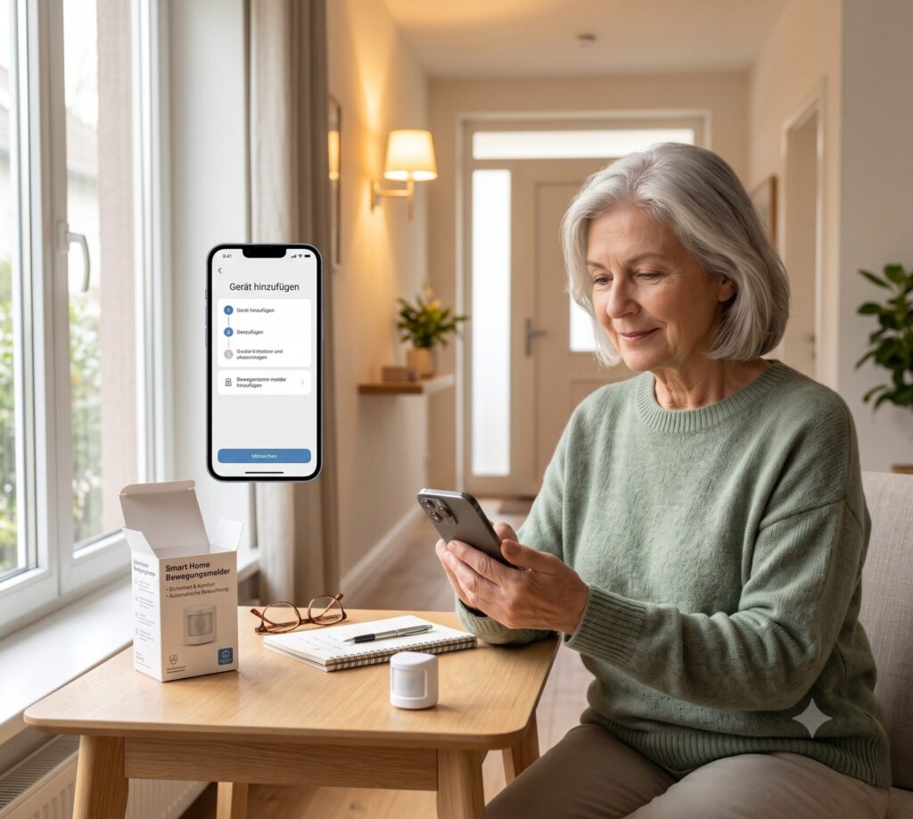 Ältere Person richtet einen Bewegungsmelder im Smart Home mit dem Smartphone ein