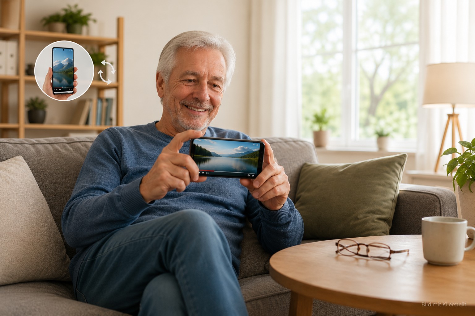 Senior hält Smartphone quer und nutzt die Bildschirmdrehung