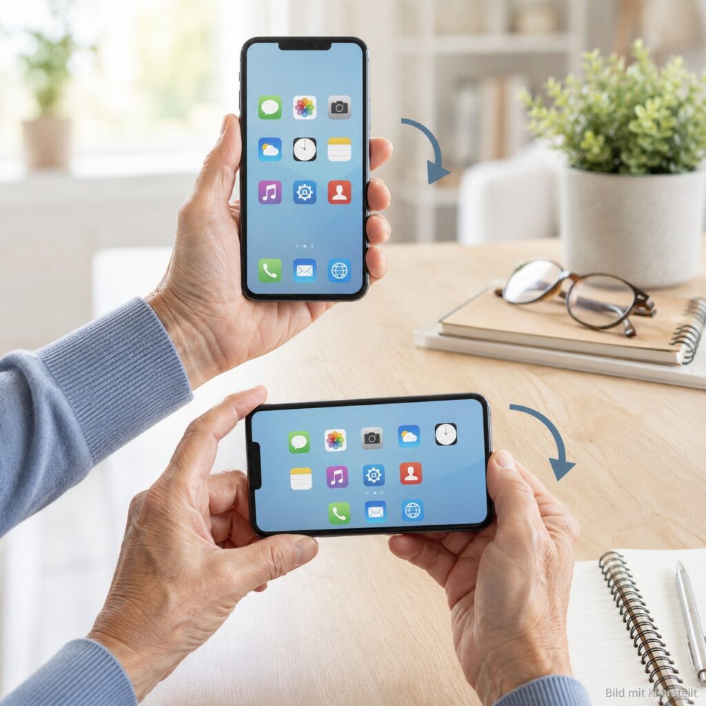 Ältere Hände nutzen Smartphone im Hochformat und Querformat