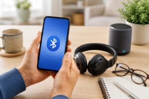 Ältere Hände verbinden Smartphone mit Bluetooth-Geräten