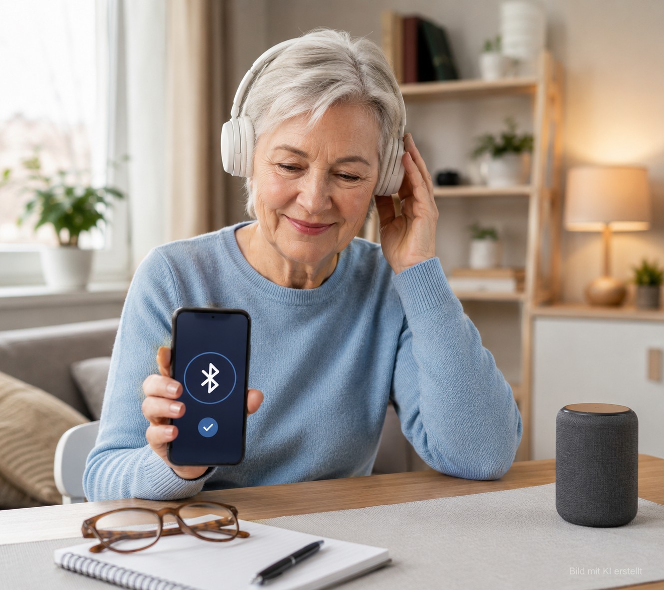 Senior verbindet Bluetooth-Kopfhörer mit dem Smartphone