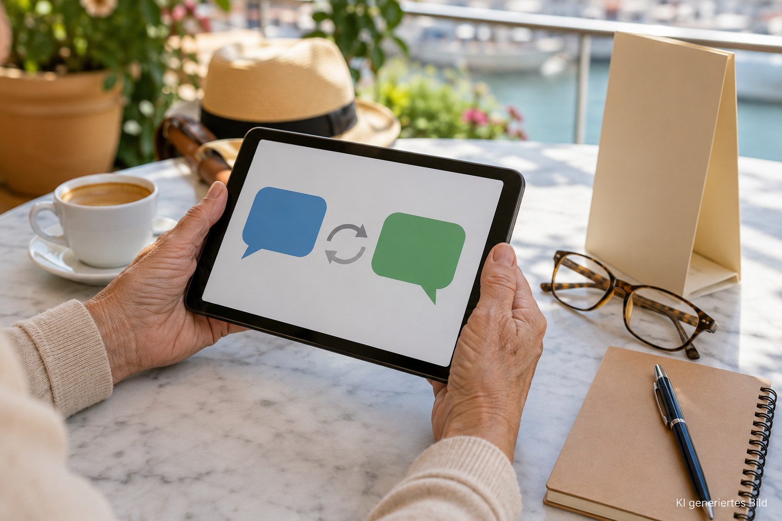 &Auml;ltere H&auml;nde &uuml;bersetzen einen Text mit ChatGPT