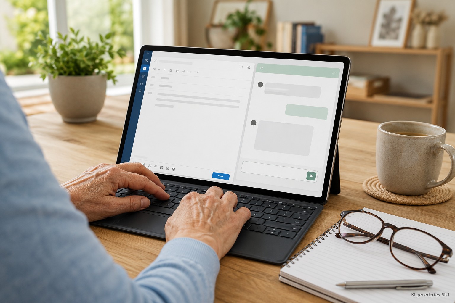 &Auml;ltere H&auml;nde formulieren eine E-Mail mit ChatGPT