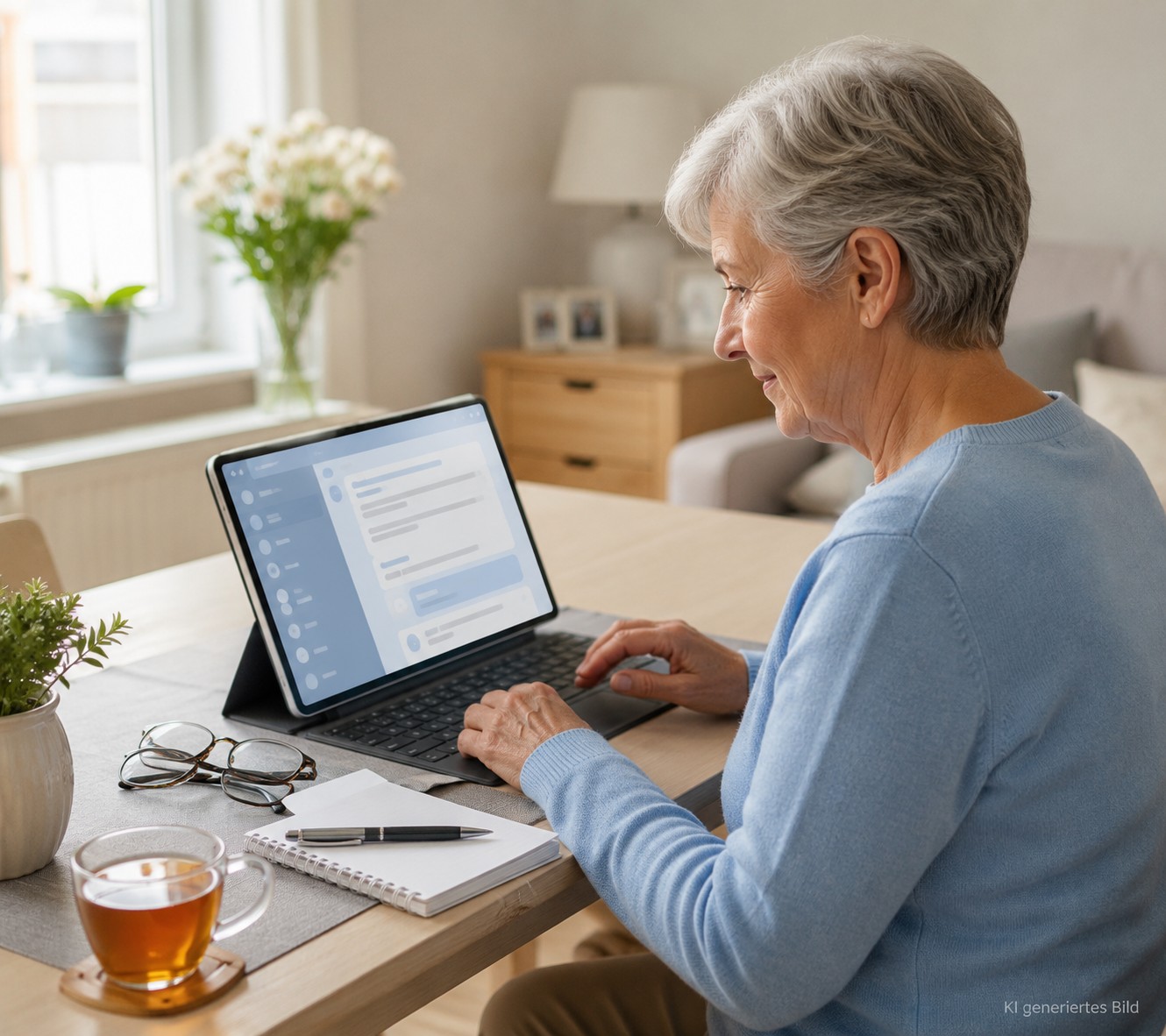 Senior schreibt eine E-Mail mit Hilfe von ChatGPT