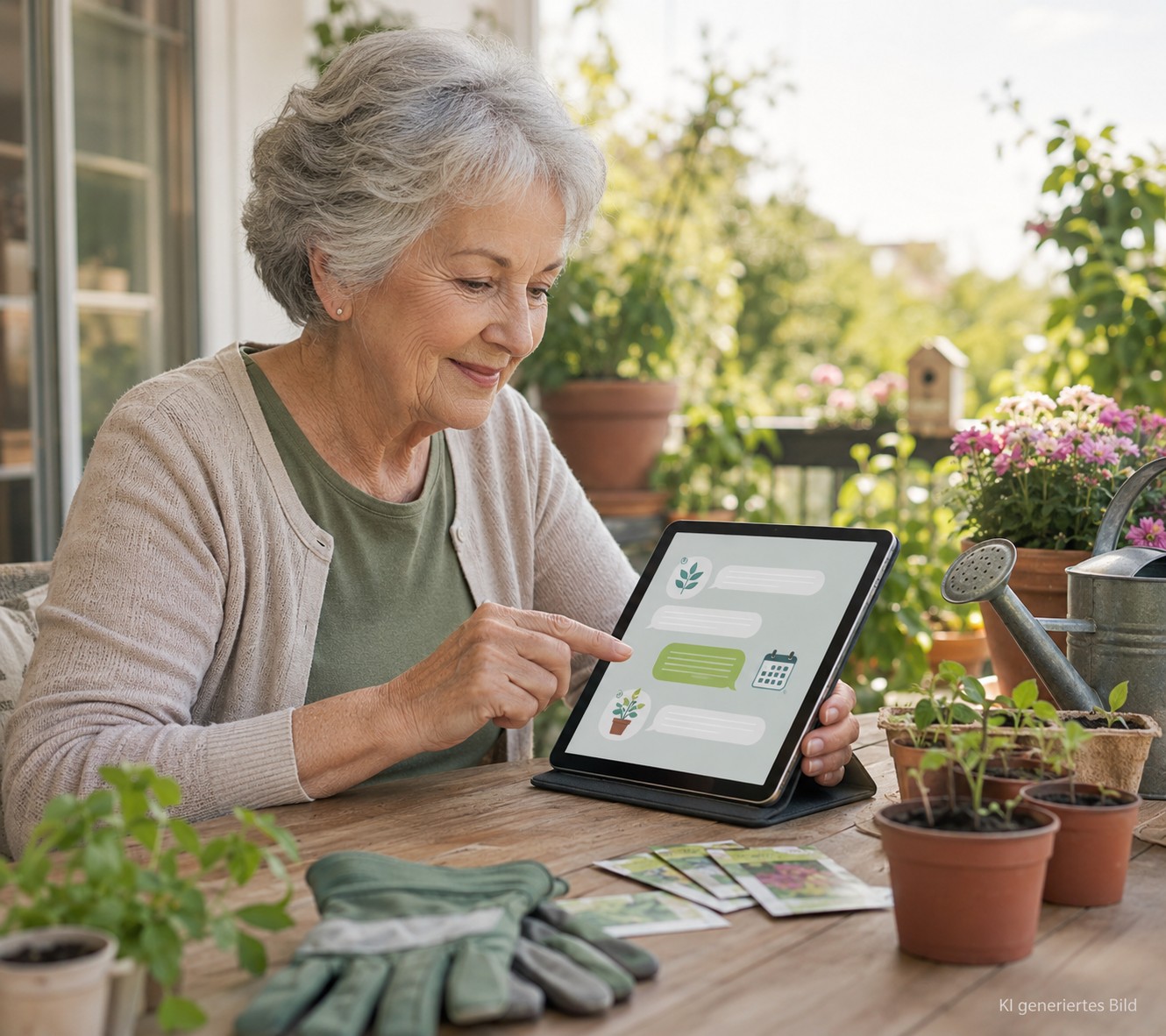 Senior nutzt ChatGPT f&uuml;r Gartenideen auf dem Tablet