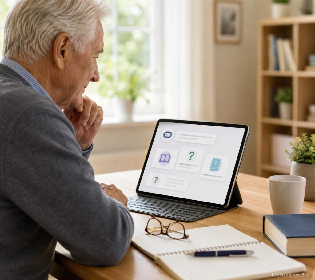 Senior lernt mit ChatGPT am Tablet
