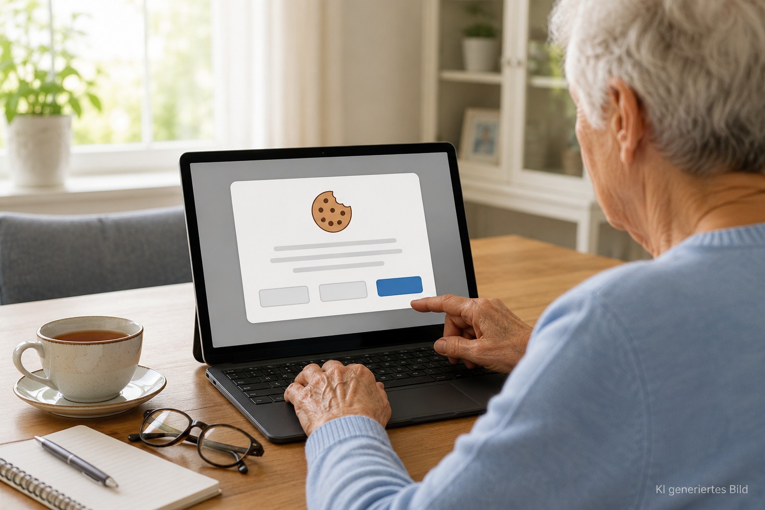 &Auml;ltere H&auml;nde lesen einen Cookie-Hinweis im Internet