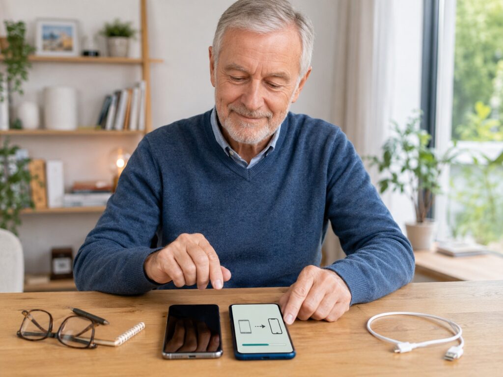 Senior richtet ein neues Smartphone ein und überträgt Kontakte Fotos und WhatsApp