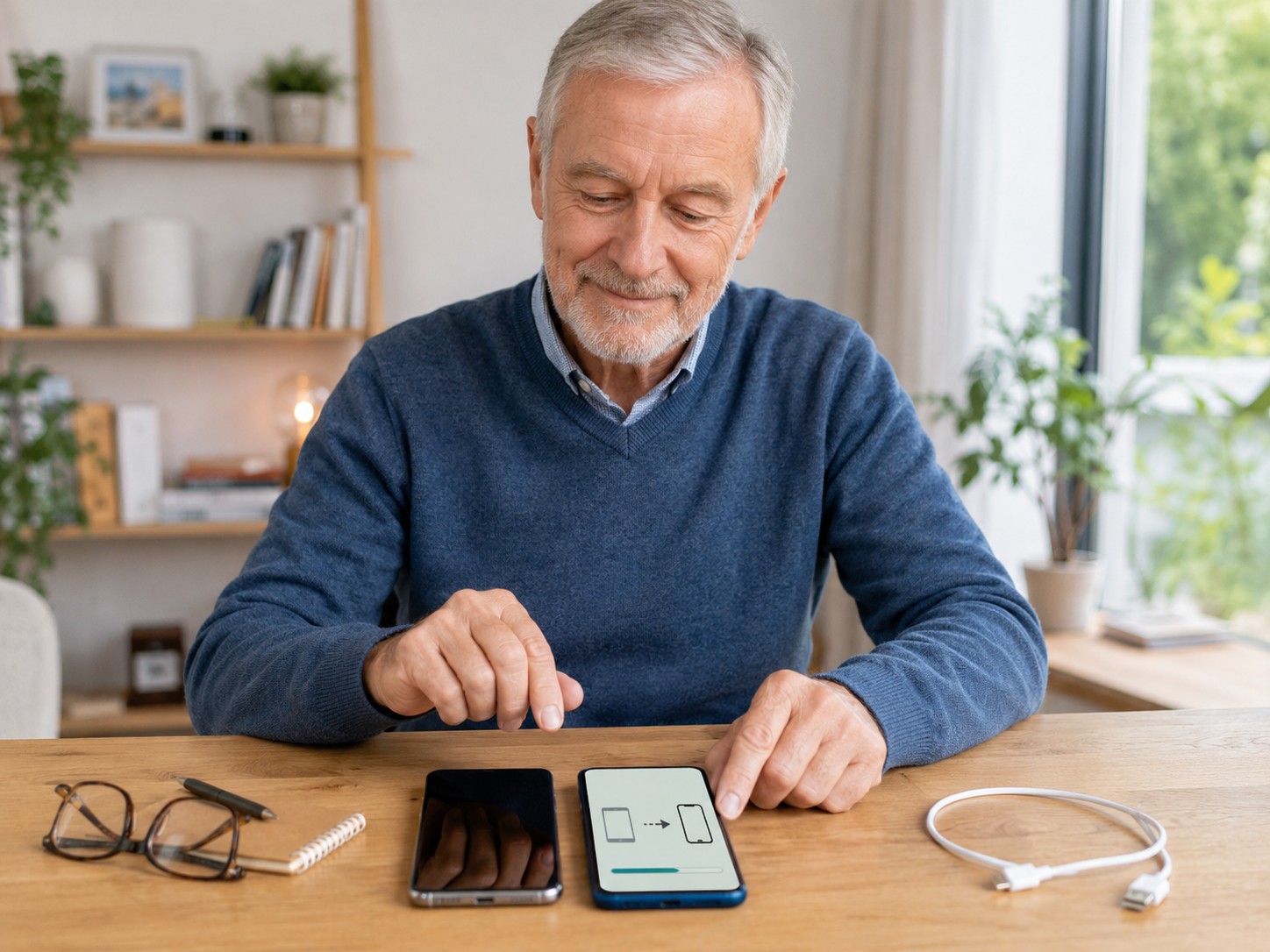 Senior richtet ein neues Smartphone ein und &uuml;bertr&auml;gt Kontakte Fotos und WhatsApp