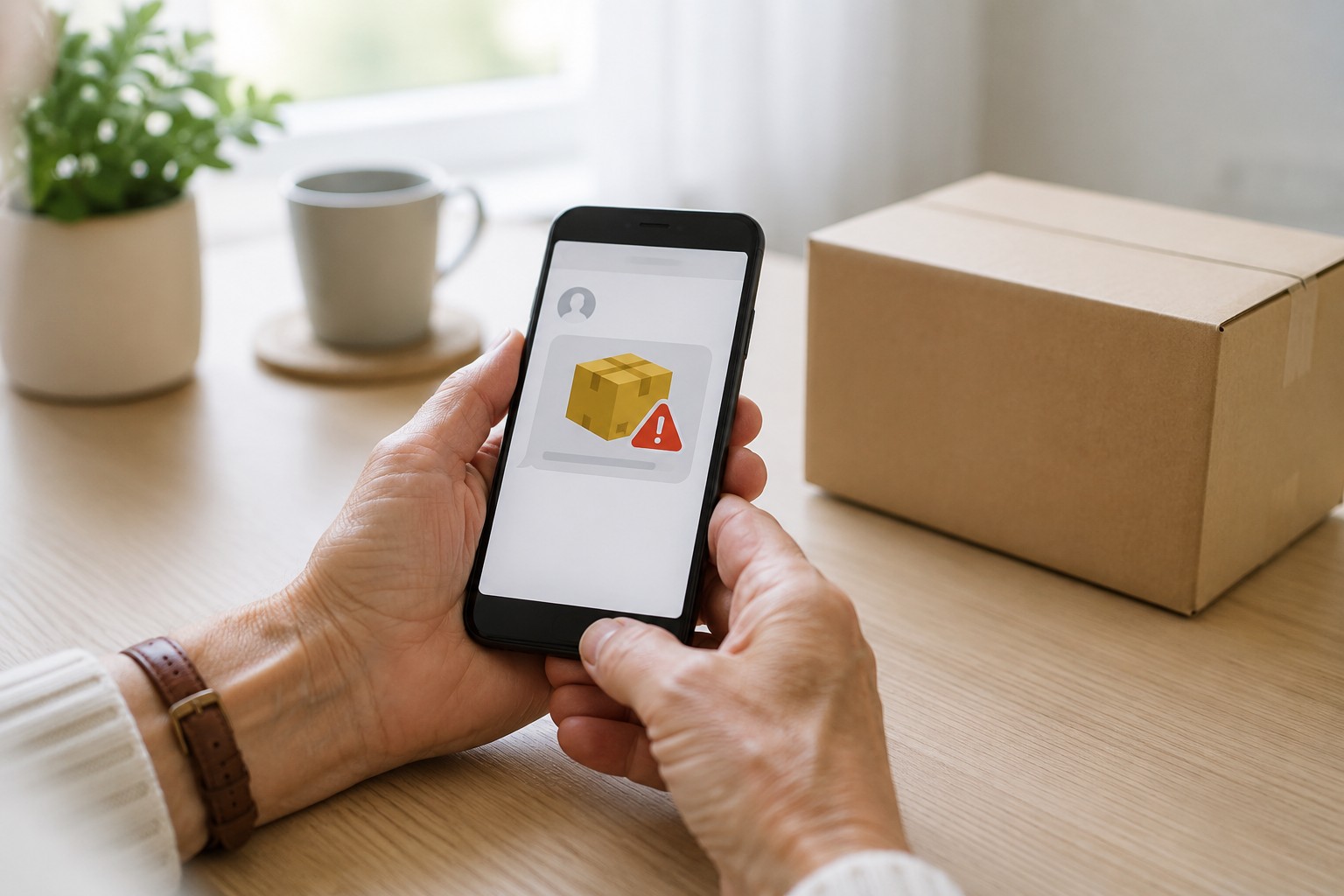 &Auml;ltere H&auml;nde erkennen eine gef&auml;lschte Paket-SMS