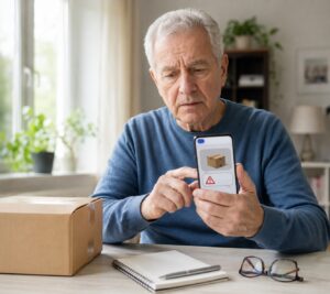 Senior prüft eine verdächtige Paket-SMS auf dem Smartphone