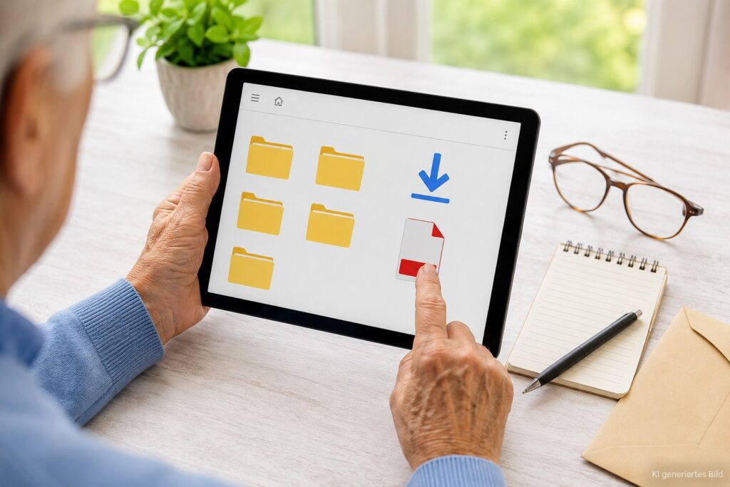 Ältere Hände suchen einen Download auf dem Smartphone