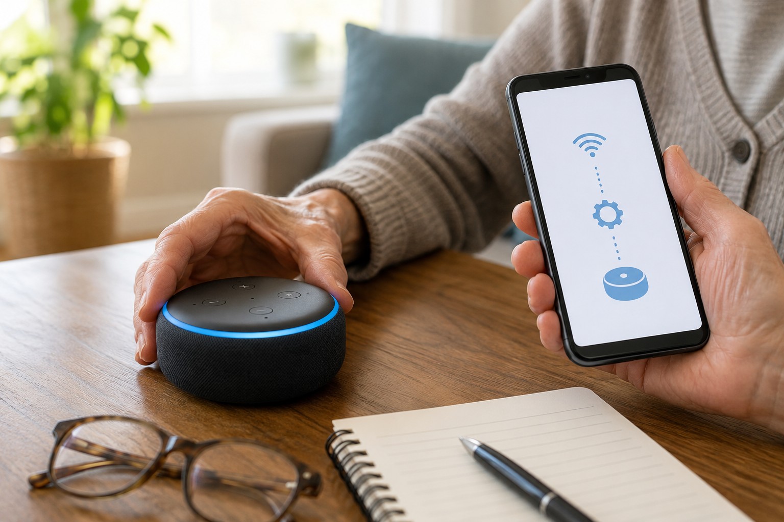 &Auml;ltere H&auml;nde richten einen smarten Lautsprecher ein